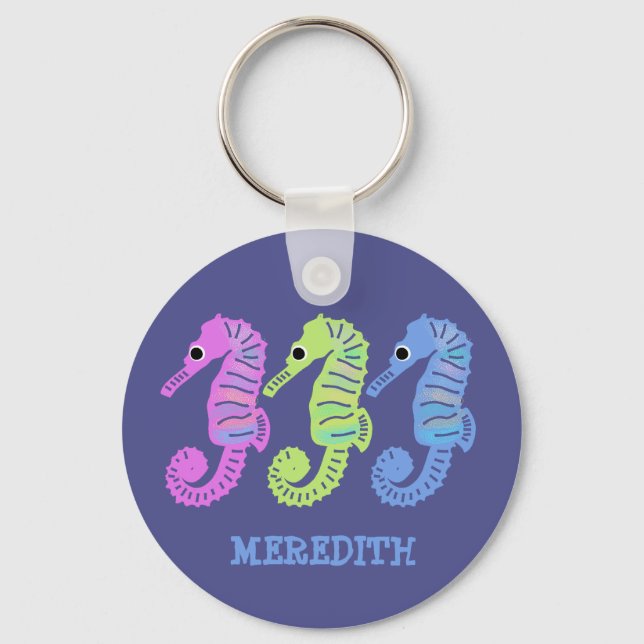 Colourful Cartoon Seashorses Fish Personalized Keychain (Front)