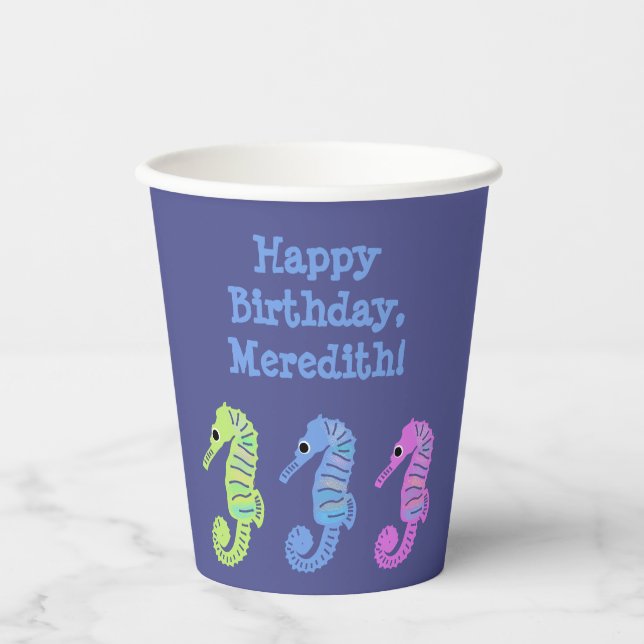 Colourful Cartoon Seashorses Fish Personalized Paper Cups (Front)