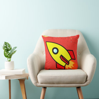 Colourful Cartoon Space Adventure Rocket, UFO Throw Pillow