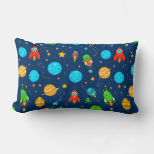 Colourful Cartoon Space Theme with Rockets, Planet Lumbar Pillow