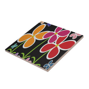 Colourful Cartoon Style Flowers • Small • Tile