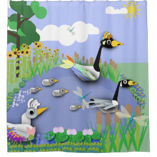 Colourful cartoon style pond with geese and ducks
