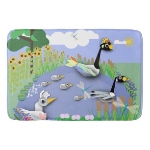 Colourful cartoon style pond with geese and ducks bath mat