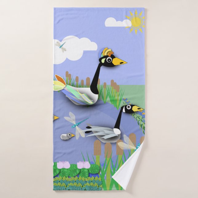Colourful cartoon style pond with geese and ducks bath towel (Bath Towel)