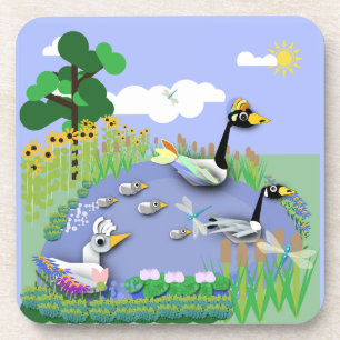 Colourful cartoon style pond with geese and ducks coaster
