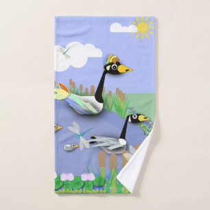 Colourful cartoon style pond with geese and ducks hand towel