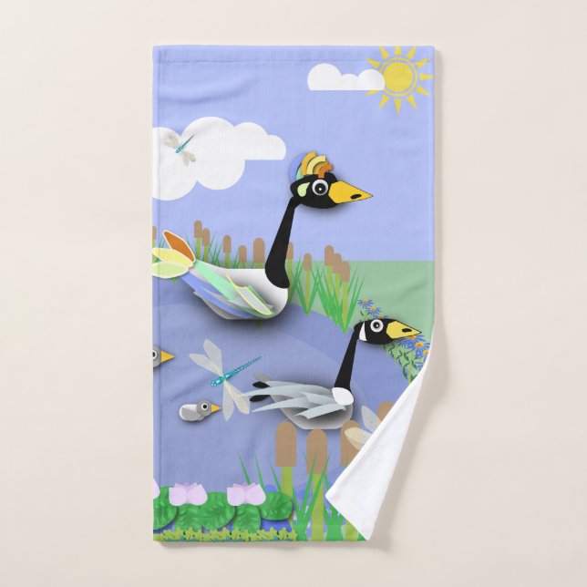 Colourful cartoon style pond with geese and ducks hand towel (Hand Towel)