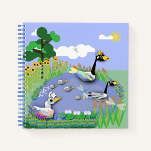 Colourful cartoon style pond with geese and ducks notebook