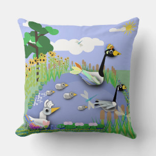 Colourful cartoon style pond with geese and ducks throw pillow