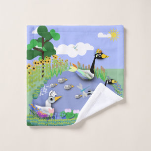 Colourful cartoon style pond with geese and ducks wash cloth