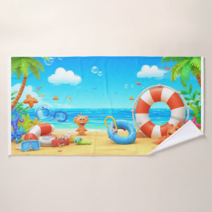 Colourful Cartoon Tropical Beach Scene Bath Towel