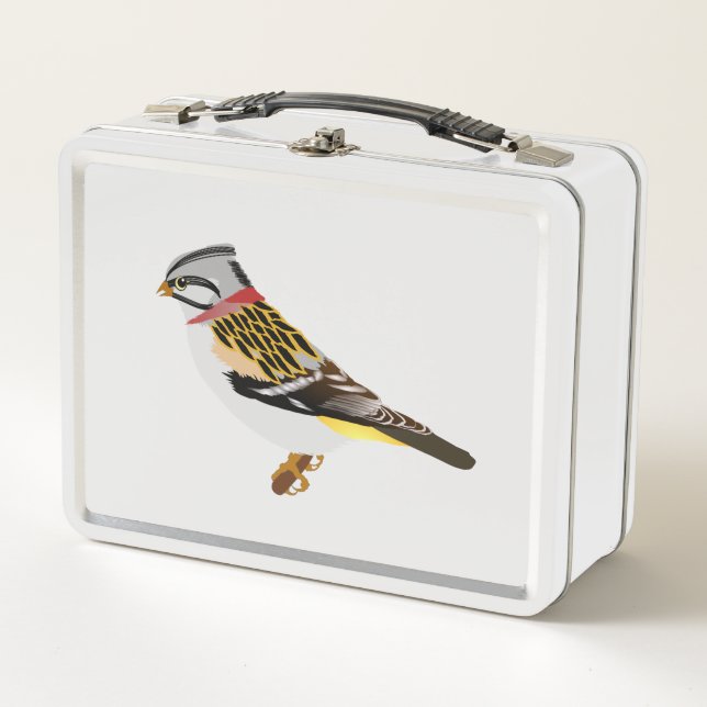 Colourful cartoon yellow and brown sparrow metal lunch box (Front)