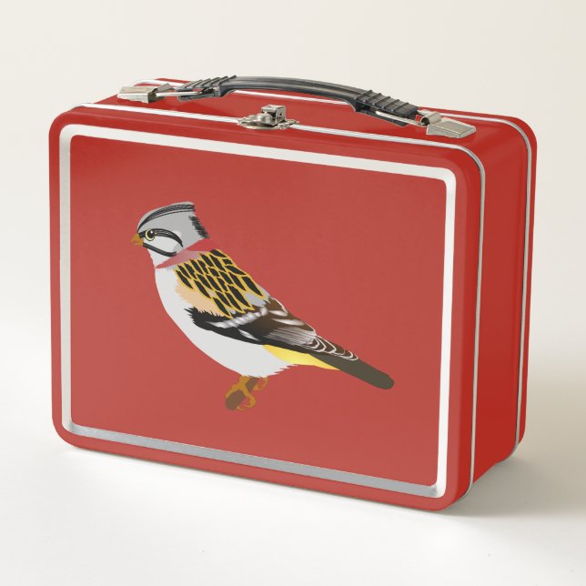 Colourful cartoon yellow and brown sparrow metal lunch box (Front)