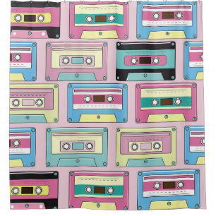 Colourful cassettes, pink background pattern.