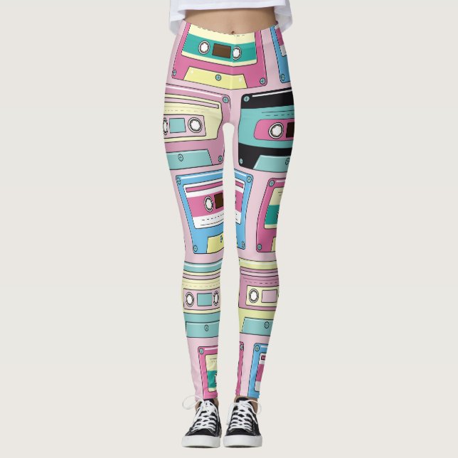 Colourful cassettes, pink background pattern. leggings (Front)
