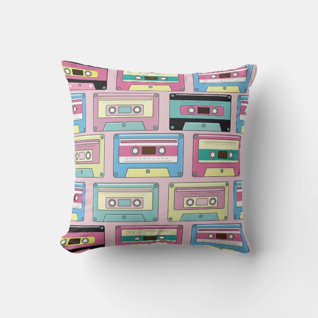 Colourful cassettes, pink background pattern. throw pillow (Front)