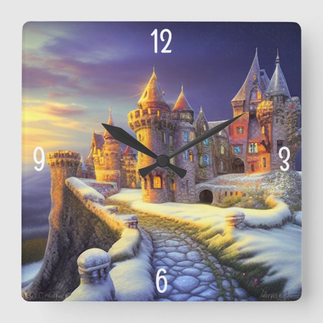 Colourful Castle in the Snow Square Wall Clock (Front)