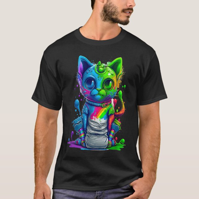 Colourful Cat 3D Abstract Vector Cat T-Shirt (Front)