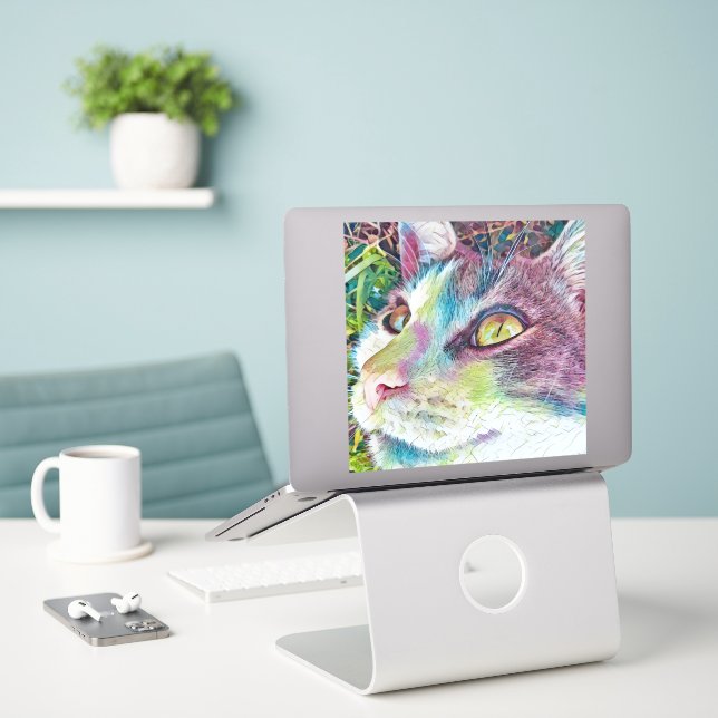 Colourful Cat Art Cat Face Sticker (Laptop On Desk)