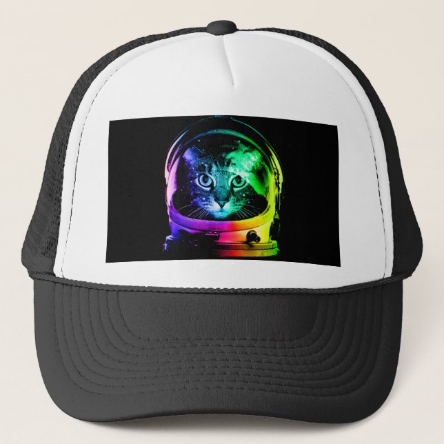 Colourful cat astronaut trucker hat (Front)