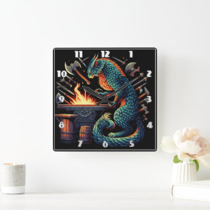 Colourful Cat Blacksmith Forging Tools at Night Square Wall Clock