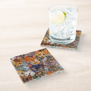 Colourful Cat Collage Glass Coaster