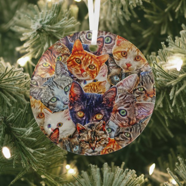 Colourful Cat Collage Glass Ornament (Insitu)