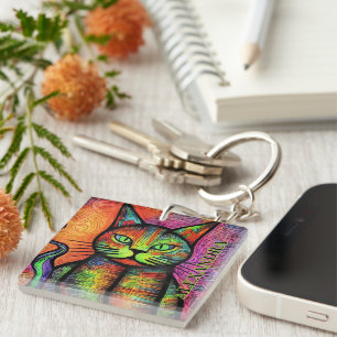 Colourful Cat Custom Name  Keychain