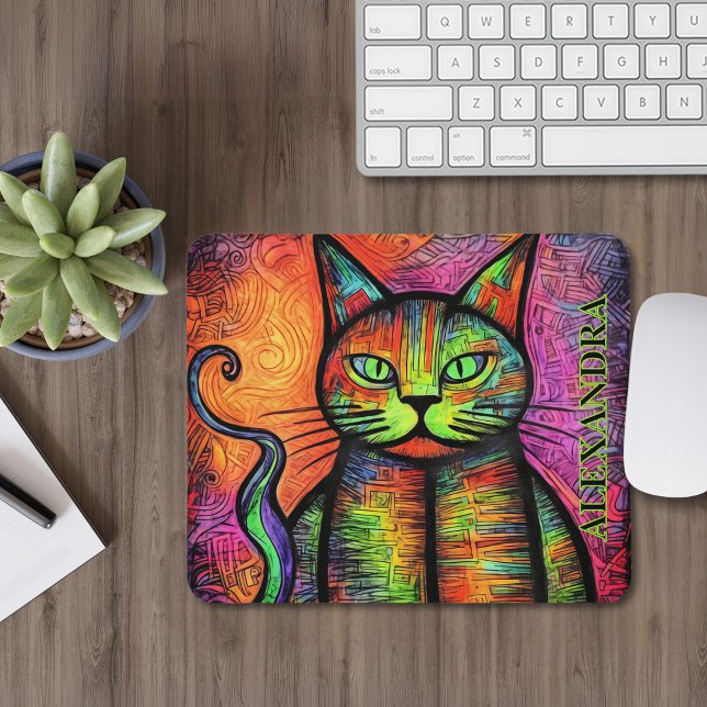 Colourful Cat Custom Name  Mouse Pad (A colorful custom name mousepad for cat lovers!)