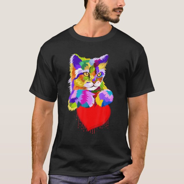Colourful Cat Cute Valentine s Day Heart for Kitte T-Shirt (Front)