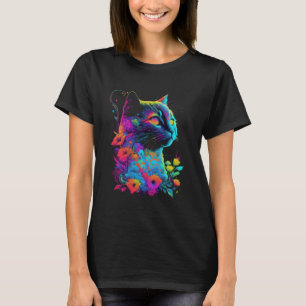 Colourful Cat Flower Psychedelic Art T-Shirt