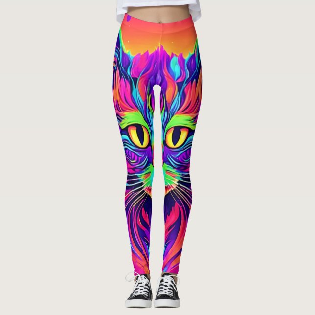 Colourful Cat Head Artwork Leggings (Front)
