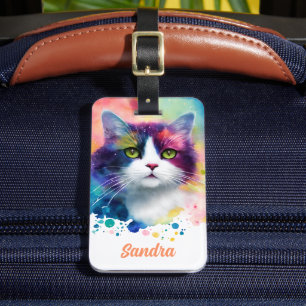Colourful Cat Illustration and Custom Name Luggage Tag