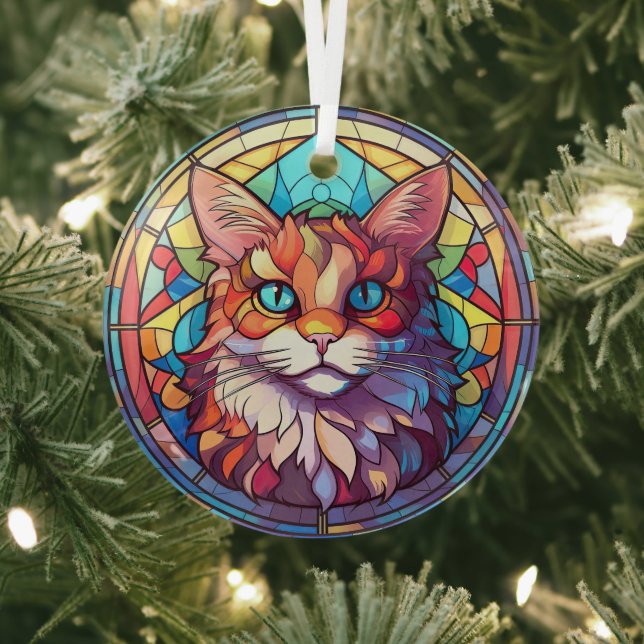 Colourful cat in stained glass style glass ornament (Insitu)