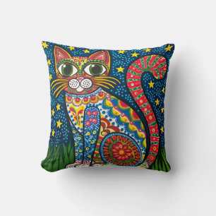 Colourful Cat in Starry Night – Mexican Folk Art D Throw Pillow