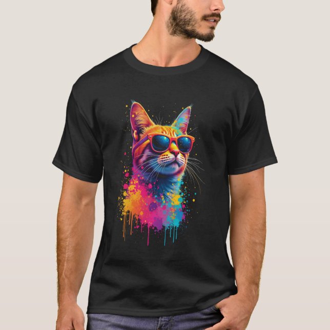 Colourful cat motif T-Shirt (Front)