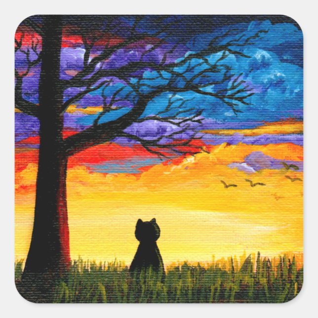 Colourful Cat Oak Tree Landscape Creationarts Square Sticker (Front)
