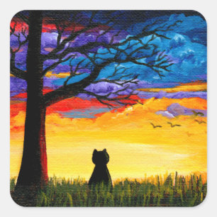 Colourful Cat Oak Tree Landscape Creationarts Square Sticker