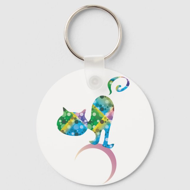 Colourful Cat On Crescent Moon Keychain (Front)