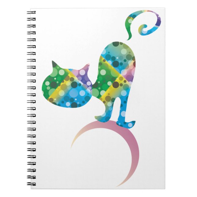 Colourful Cat On Crescent Moon Notebook (Front)