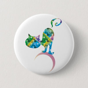 Colourful Cat On Crescent Moon Pinback Button