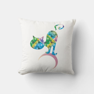 Colourful Cat On Crescent Moon Throw Pillow