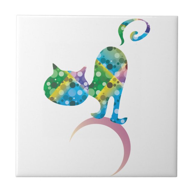 Colourful Cat On Crescent Moon Tile (Front)