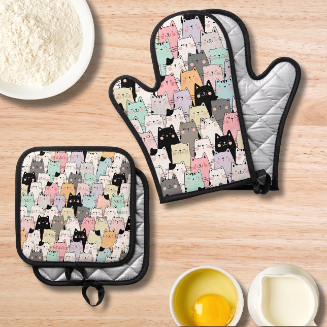 Colourful Cat Pattern Modern Kitty Lover  Oven Mitt & Pot Holder Set (Creator Uploaded)