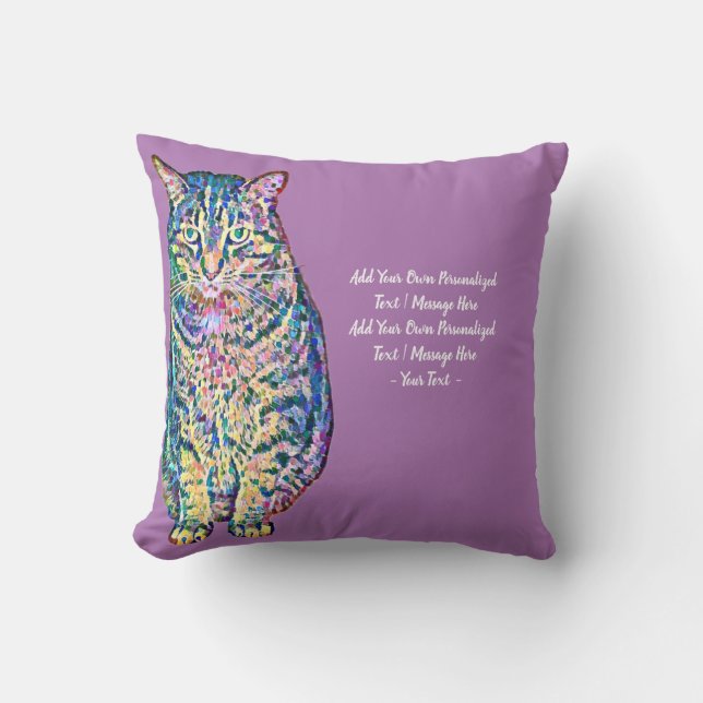 Colourful Cat Personalized Text Throw Pillow (Front)