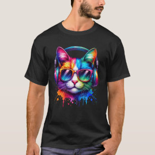 Colourful Cat, Rainbow Kitten, Headphones, Cat Mom T-Shirt