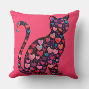 Colourful Cat Silhouette Decorated with Hearts Throw Pillow