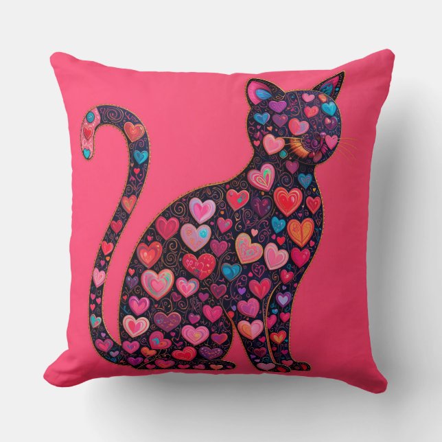 Colourful Cat Silhouette Decorated with Hearts Throw Pillow (Front)