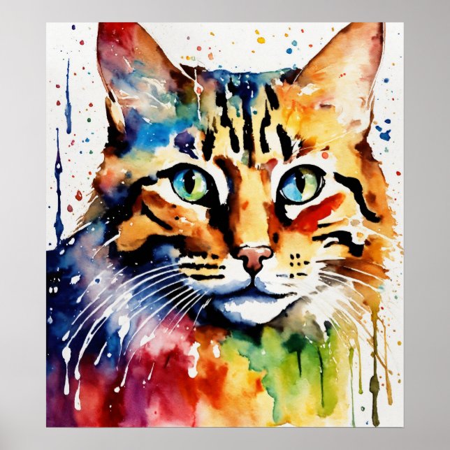 Colourful Cat Silhouette Watercolor Wall Poster (Front)