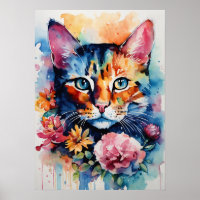 Colourful Cat Silhouette Watercolor Wall Poster